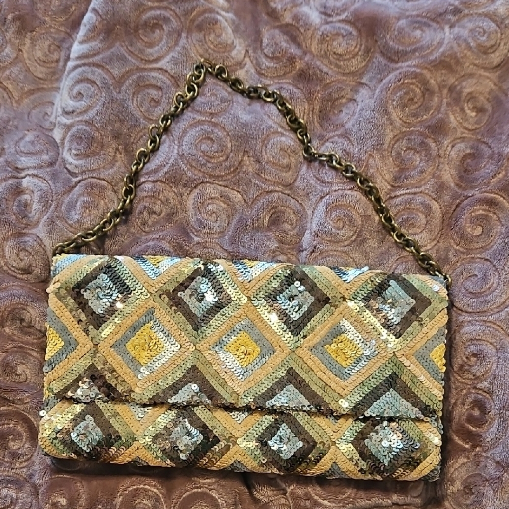 Gold and Silver Geometric Clutch with Chain Strap